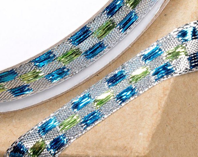 CHECKED LUREX RIBBON silve turquoise and lime metallic glitter full 10mm x 10M reel ideal for decorating wedding party, gifts or crafts