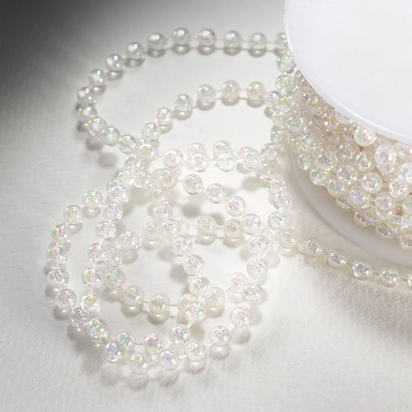 5mm x 10m IRIDESCENT PEARL ball BEADS strung on a reel 5mm x 10m ribbon, wedding hair, christmas, cake decorating Full Reel