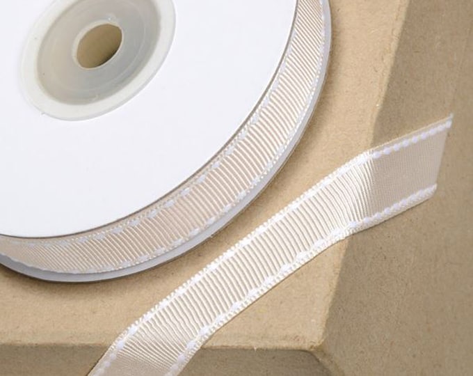 Free Postage! 12mm ivory GROSGRAIN RIBBON with WHITE stitching 12mm x 10 meters for decorating wedding or party venues, gifts or crafts