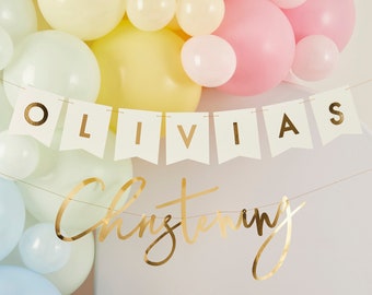 CUSTOMISABLE Metallic Gold CHRISTENING banner made from foiled card 1.2m long party garland conformation. 12 flags and gold letters.