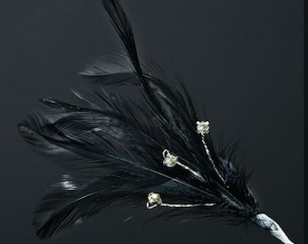 Pack of 6 BLACK real FEATHERS with DIAMANTES great for crafting, hatmaking, wedding hair, floral decorations and bouquets