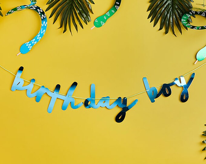 Birthday boy blue shiney foiled card banner 2 meters in length ideal addition to any birthday boy's party