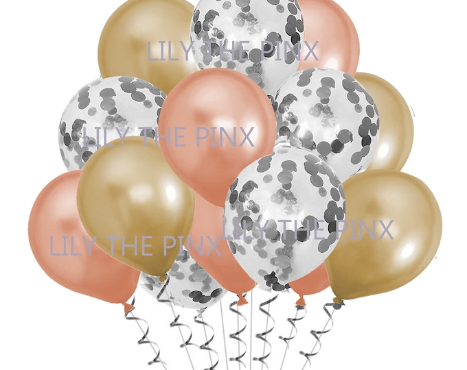 15 SILVER, GOLD & Rose gold balloons 5 metallic gold and rose gold n 5 clear with silver confetti wedding anniversary, birthday party