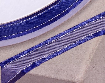 10mm x 25 meters NAVY BLUE and SILVER ribbon satin edged organza with gold trim great for decorating wedding or party venues and crafts