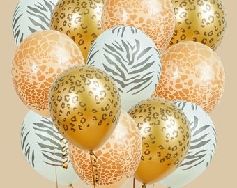 12 gorgeous LARGE ANIMAL PRINT jungle party balloons. Zebra, giraffe and leopard print 4 of each 300mm orange gold balck and white