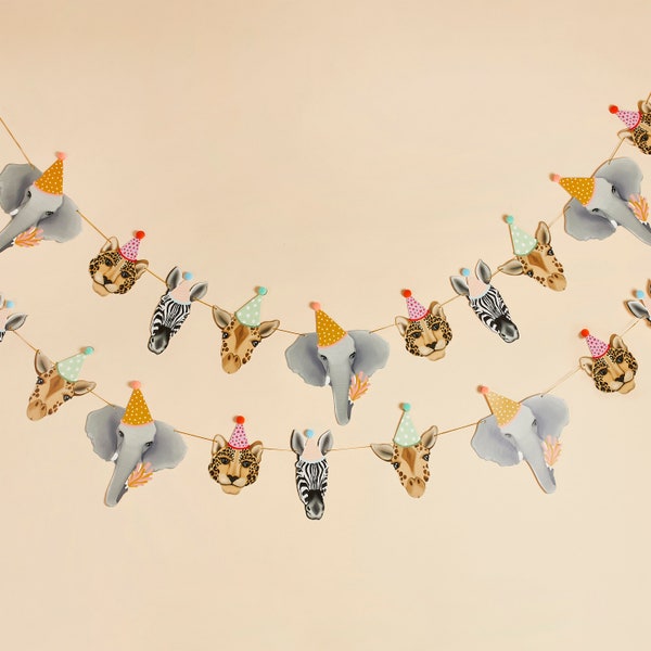 Gorgeous JUNGLE ANIMAL PARTY animals garland giraffe in a hat, elephant, zebra and leopard kids birthday party