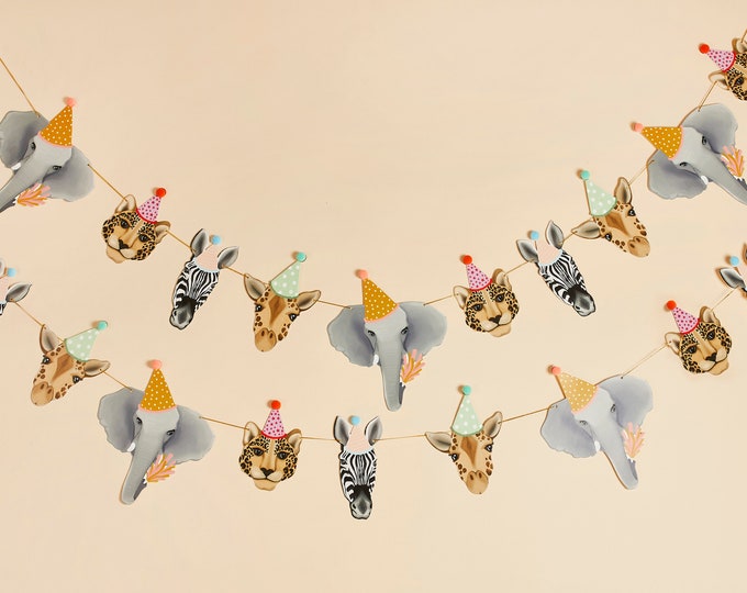 Gorgeous JUNGLE ANIMAL PARTY animals garland giraffe in a hat, elephant, zebra and leopard kids birthday party