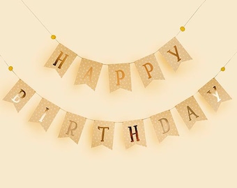 GOLD 'Happy birthday to you' banner party celebration or golden wedding anniversary decoration can be used as bunting or a hanging garland