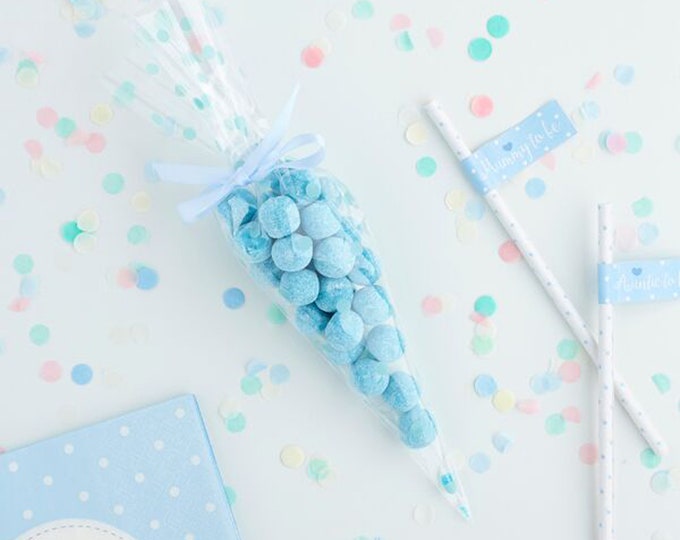 spotty PASTEL BLUE SWEET cones with matching ribbon. 10 pack of clear cellophane favour bags decorated with mint dots baby shower or party