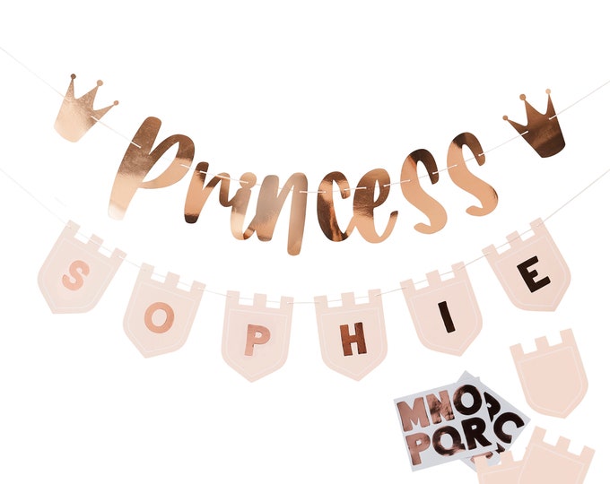 CUSTOMISABLE metallic PINK PRINCESS girl birthday party with flags banner  bunting castles and crowns hootyballoo 1.2 meters