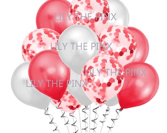 15 pack of party balloons 5 metallic red, 5 red metallic confetti and 5 pearl white balloons wedding anniversary, birthday party hen party