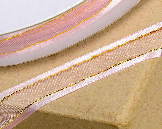 10mm x 25 meters PINK RIBBON satin edged organza with gold trim great for decorating wedding or party venues, gifts or crafts