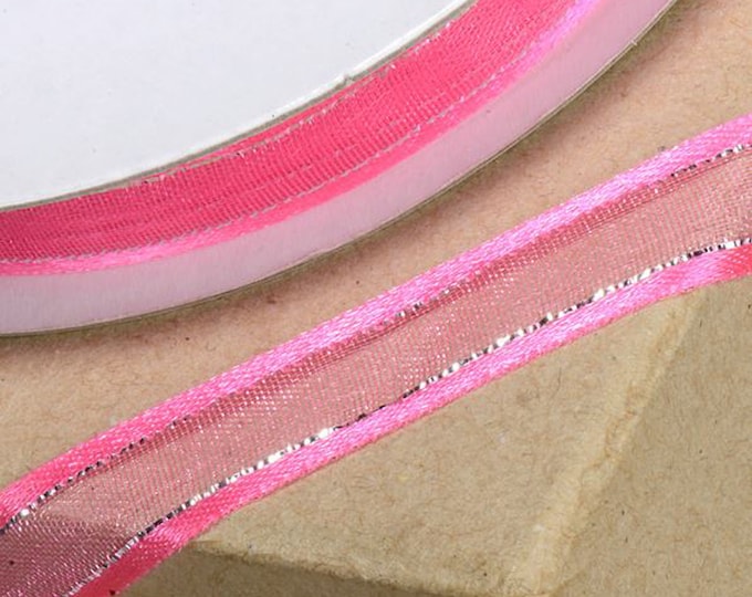 10mm x 25 GORGEOUS RIBBON fuchsia pink and silver meters for decorating wedding or party venues, gifts or crafts