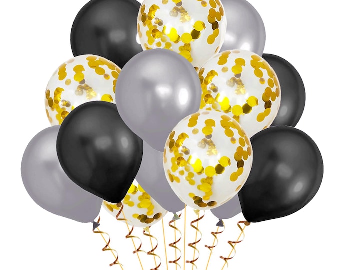 15 christmas party balloons 5 metallic black, 5 gold metallic confetti and 5 metallic silver balloons wedding anniversary, birthday party