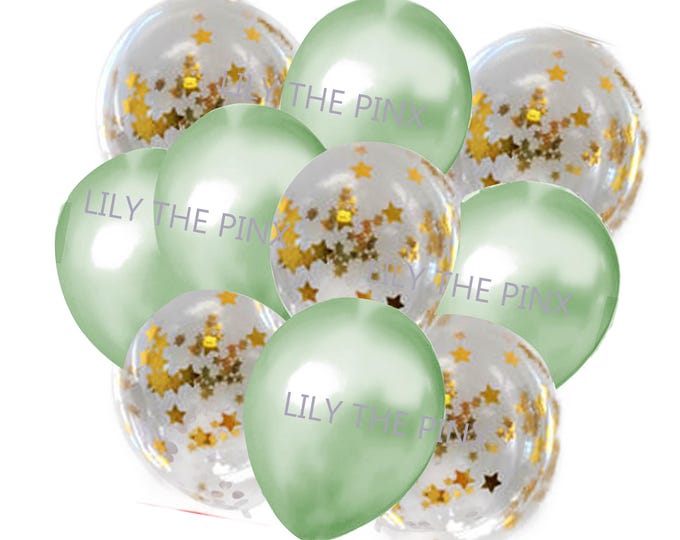 Free Postage! Christmas balloons LIGHT green & GOLD STAR balloons metallic light green and 5 gold star confetti filled clear balloons