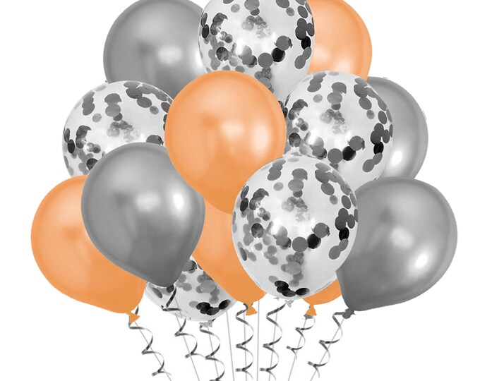 15 pack of party balloons 5 metallic silver, 5 silver metallic confetti and 5 metallic peach balloons wedding anniversary, birthday party