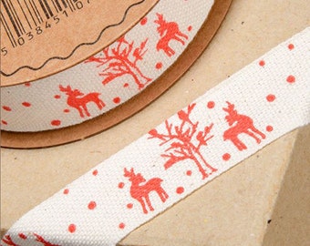 NATURAL CHRISTMAS RIBBON.  Lovely natural ribbon decotaed with red reindeers trees 19mm wide and 5M long