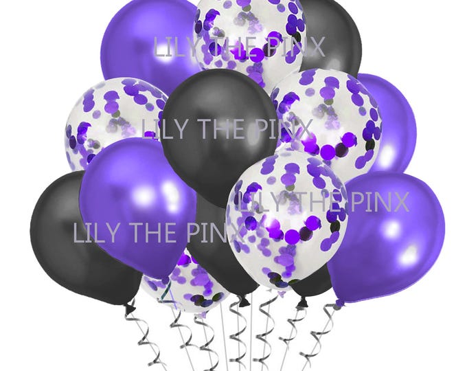 15 black & purple party balloons 5 metallic purple 5 purple metallic confetti and 5 metallic black balloons wedding anniversary, birthday