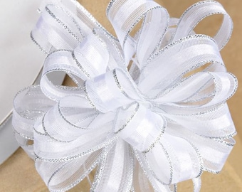 10mm organza PULL BOW RIBBON white with silver edging 25 meters ideal for decorating wedding or party venues, gifts or crafts