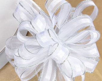 10mm organza PULL BOW RIBBON white with silver edging 25 meters ideal for decorating wedding or party venues, gifts or crafts