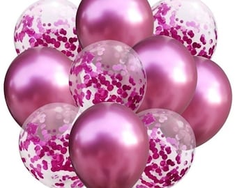 Free Postage! 10 pack of pink balloons 5 metallic pink and 5 pink confetti clear balloons baby shower wedding anniversary, birthday party