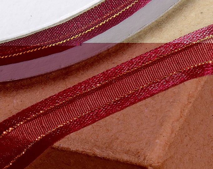 10mm x 25 meters BURGUNDY RIBBON satin edged organza with GOLD trim great for decorating wedding or party venues, gifts or crafts