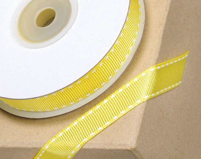 12mm YELLOW GROSGRAIN RIBBON with white stitching 12mm x 10 meters for decorating wedding or party venues, gifts or crafts