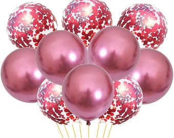 Free Postage! 14 balloons, 7 red chrome balloons and 7 clear balloons with red confetti, wedding, baby shower, anniversary, birthday party.
