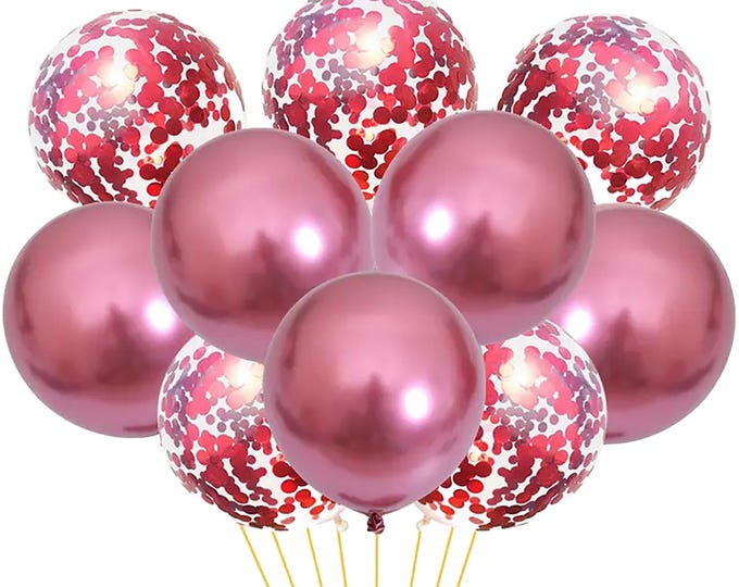 Free Postage! 14 balloons, 7 red chrome balloons and 7 clear balloons with red confetti, wedding, baby shower, anniversary, birthday party.
