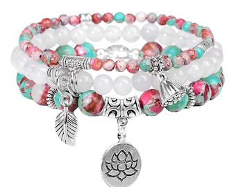 CHARMS BRACELET pink green & white HANDBEADED bangle quartz stones decorated with silver flower charms and beads Christmas birthday present