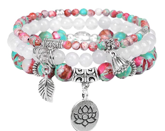 CHARMS BRACELET pink green & white HANDBEADED bangle quartz stones decorated with silver flower charms and beads Christmas birthday present