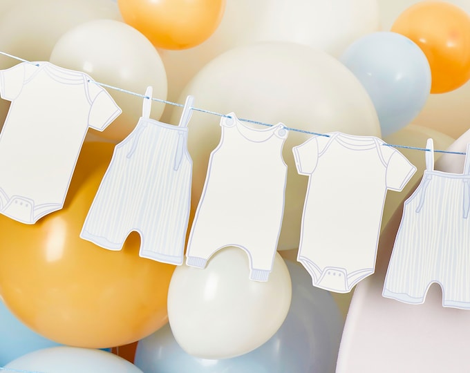 Just say Awwww  to this gorgeous blue & white baby grow clothes card washing line garland bunting for a baby shower or nursery decoration