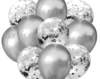 FREE postage! SILVER PARTY balloons. 5 metallic silver and 5 silver confetti filled balloons 25th anniversary childrens birthday party