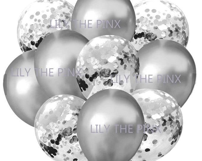 FREE postage! SILVER PARTY balloons. 5 metallic silver and 5 silver confetti filled balloons 25th anniversary childrens birthday party