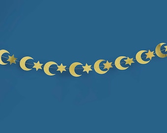 4 Meter MOON & STAR banner great for any party and Eid Mubarak celebrations. Made from gold foiled card