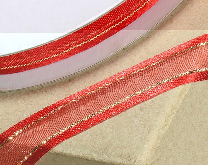 10mm x 25 meters RED RIBBON satin edged organza with GOLD trim great for decorating wedding or party venues, gifts or crafts