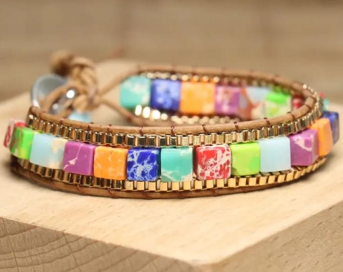 Multicoloured Imperial Jasper Handmade Beaded Gemstone Bracelet Adjustable size orange red blue