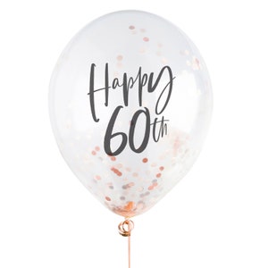 Happy 60th rose gold confetti latex balloon bouquet x 5 clear printed birthday balloons Fabulous party decorations image 2