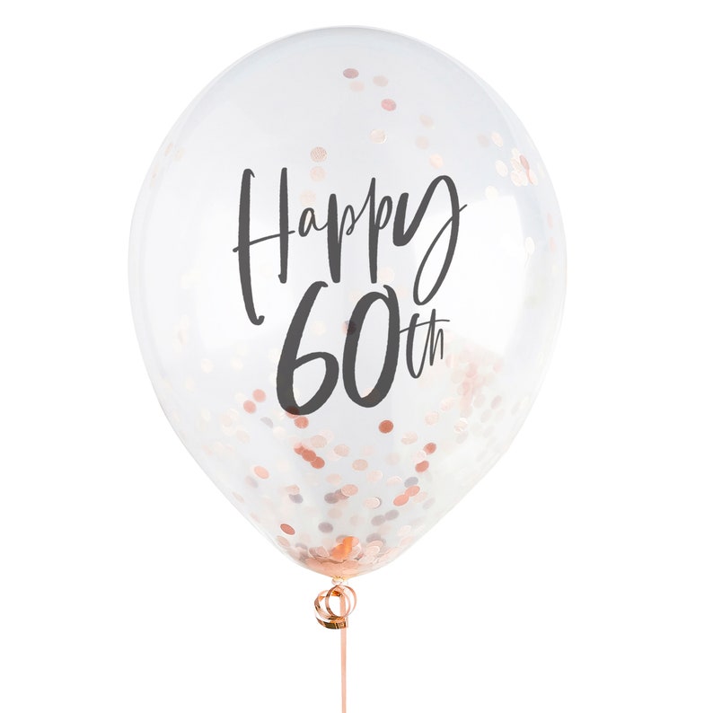 Happy 60th rose gold confetti latex balloon bouquet x 5 clear printed birthday balloons Fabulous party decorations image 2