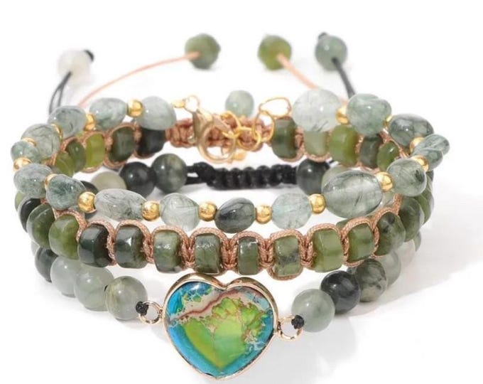 BEAUTIFUL Green HEART Hand BEADED Bracelet natural crystal quartz stones, adjustable 3 layer bracelet in 1 Bohemian  Christmas birthday gift
