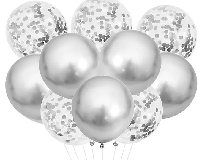 Free Postage! 14 pk, 7 silver chrome balloons and 7 clear balloons with silver confetti wedding, baby shower, anniversary, birthday party.