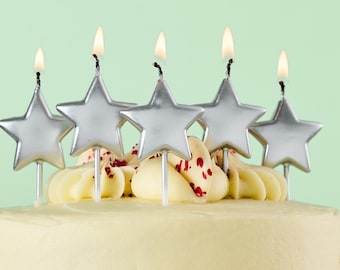 Free Postage! SILVER STAR 5 Birthday cake candles, six-pointed star novelty candles  birthday cake, wedding or celebration to add sparkle