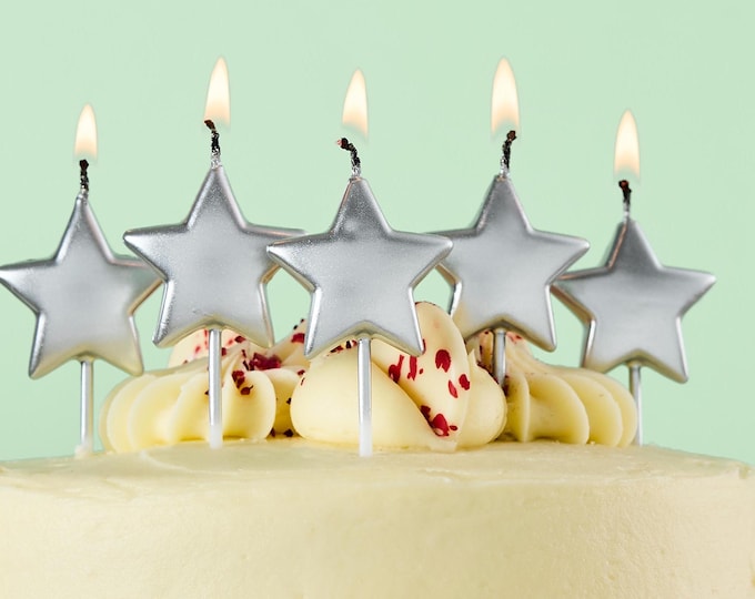 Free Postage! SILVER STAR 5 Birthday cake candles, six-pointed star novelty candles  birthday cake, wedding or celebration to add sparkle