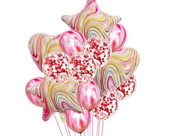 14 pce stunning RED pink GOLD & WHITE balloon bouquet 10 12 inch latex balloons and 4 large foil balloons. Ideal for all celebrations
