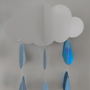 2 grands mobiles nuages avec des gouttes de pluie bleues qui tombent, jolie décoration suspendue pour baby shower pour garçon, révélation du genre, fête ou baptême image 2