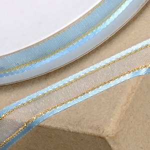 10mm x 25 meters BLUE and GOLD RIBBON satin edged organza with gold trim great for decorating wedding or party venues, gifts or crafts