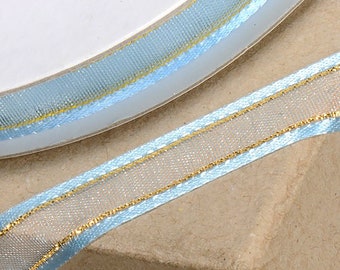 RUBAN BLEU ET OR 10 mm x 25 mètres en organza satiné avec bordures dorées, idéal pour décorer les salles de mariage ou de fête, les cadeaux ou les travaux manuels