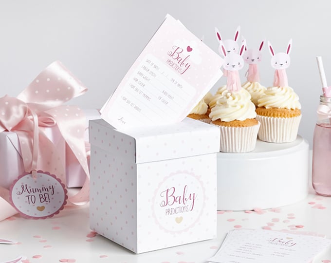 PASTEL PINK POSTBOX and prediction cards for a baby girl add style to your baby shower naming party or christening. prediction game