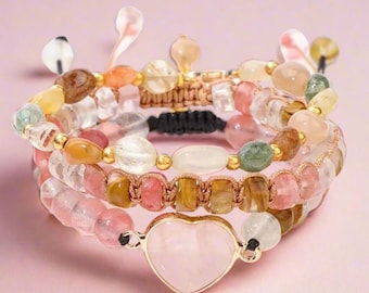 Strawberry Quartz Bracelet Set Crystal Heart, Self-Love, Healing Energy, Gift, adjustable 3 in 1-layer bracelet Christmas birthday gift