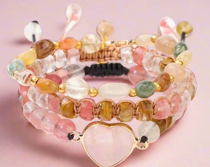 Strawberry Quartz Bracelet Set Crystal Heart, Self-Love, Healing Energy, Gift, adjustable 3 in 1-layer bracelet Christmas birthday gift